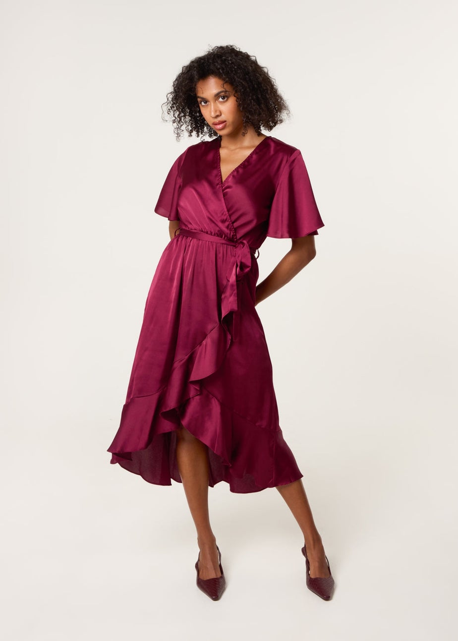 Blue Vanilla Red Satin Wrap Frill High To Low Midi Dress