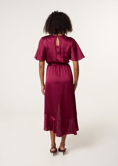 Blue Vanilla Red Satin Wrap Frill High To Low Midi Dress