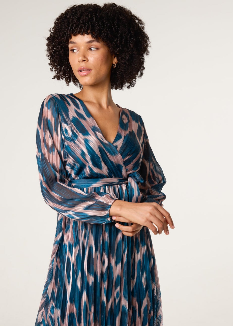 Blue Vanilla Turquoise Crossover Metallic Pleated Dress