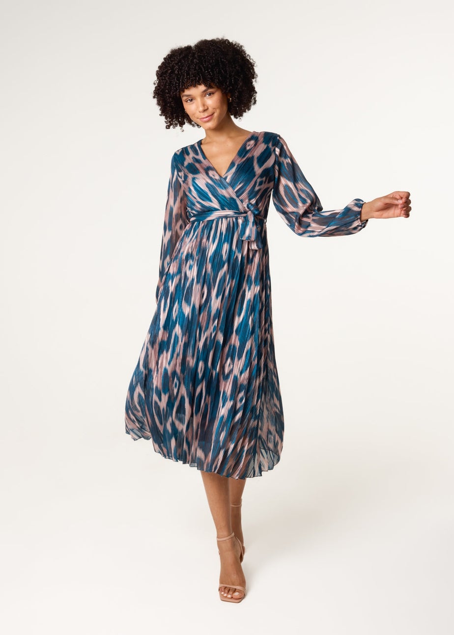 Blue Vanilla Turquoise Crossover Metallic Pleated Dress