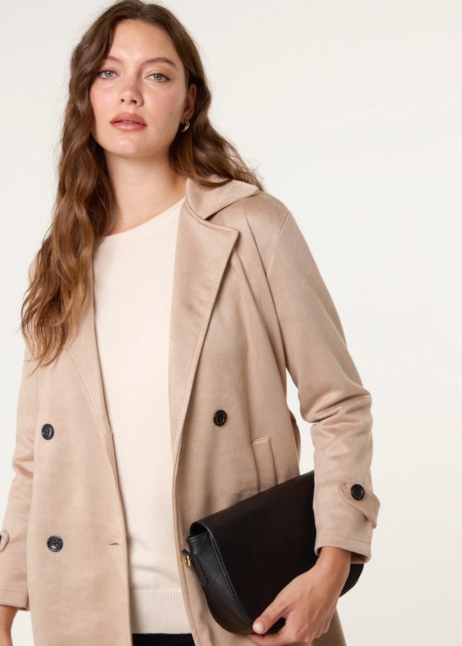 Blue Vanilla Camel Suede Button Trench Coat