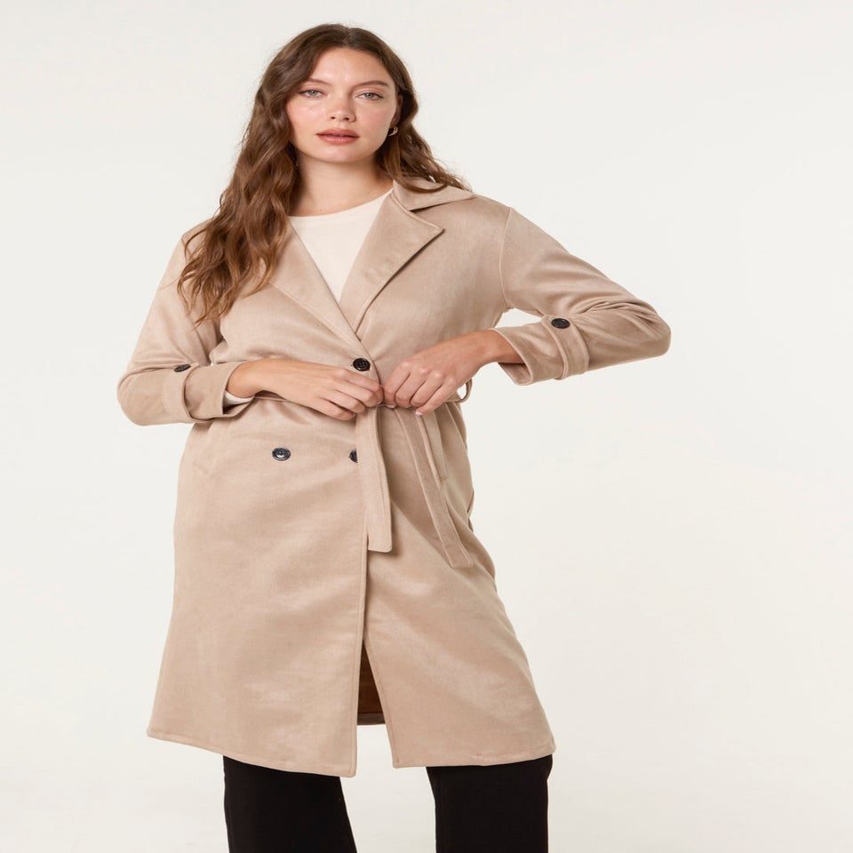 Blue Vanilla Camel Suede Button Trench Coat