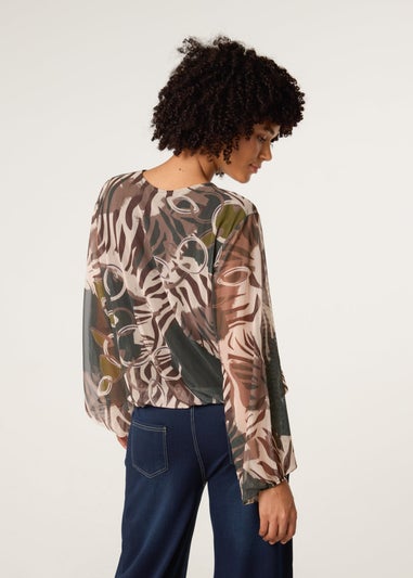 Blue Vanilla Khaki Printed Mesh V Neck Puffball Top