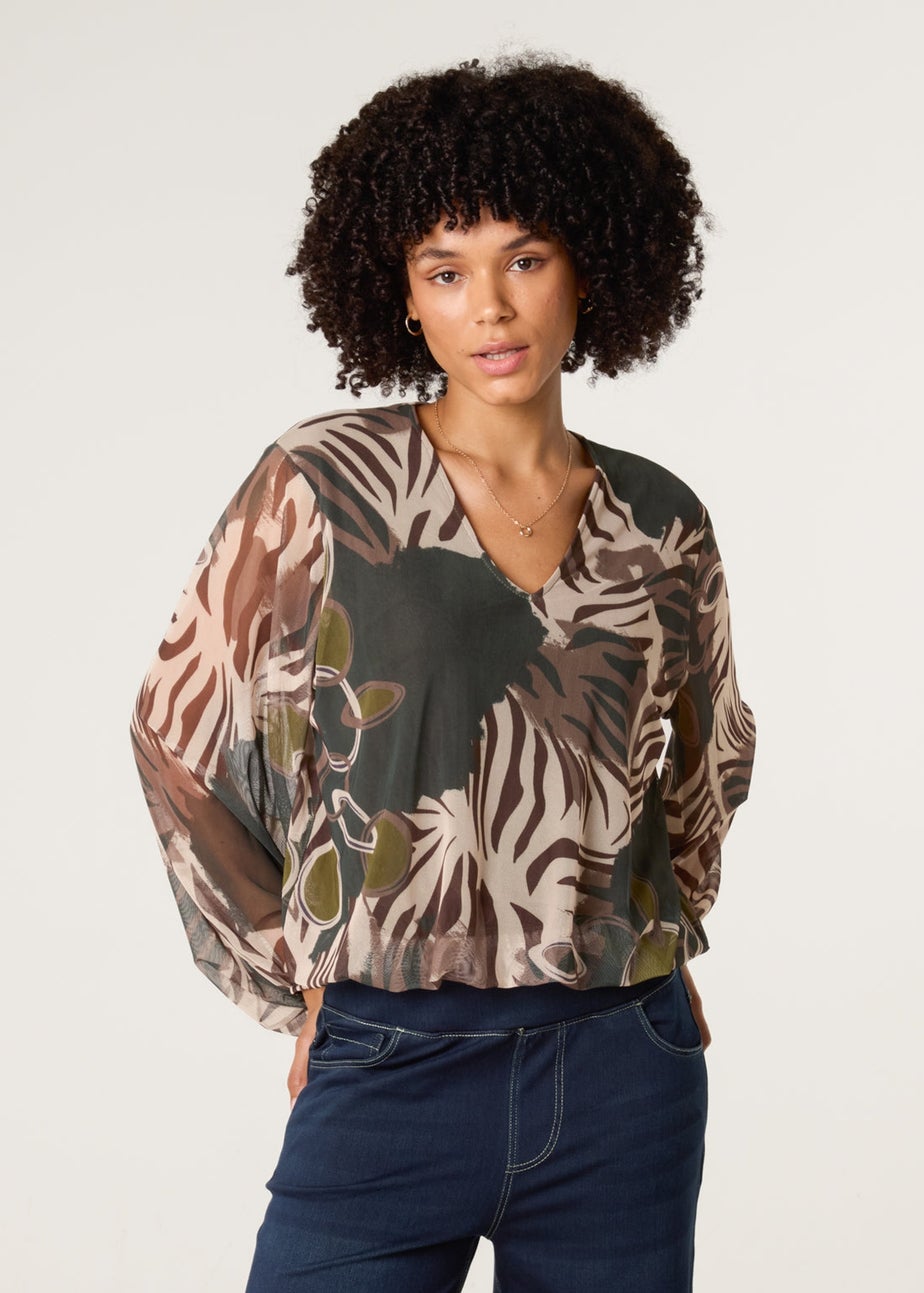 Blue Vanilla Khaki Printed Mesh V Neck Puffball Top