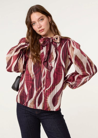 Blue Vanilla Burgundy Geometric Print Pussybow Metallic Top