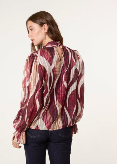 Blue Vanilla Burgundy Geometric Print Pussybow Metallic Top