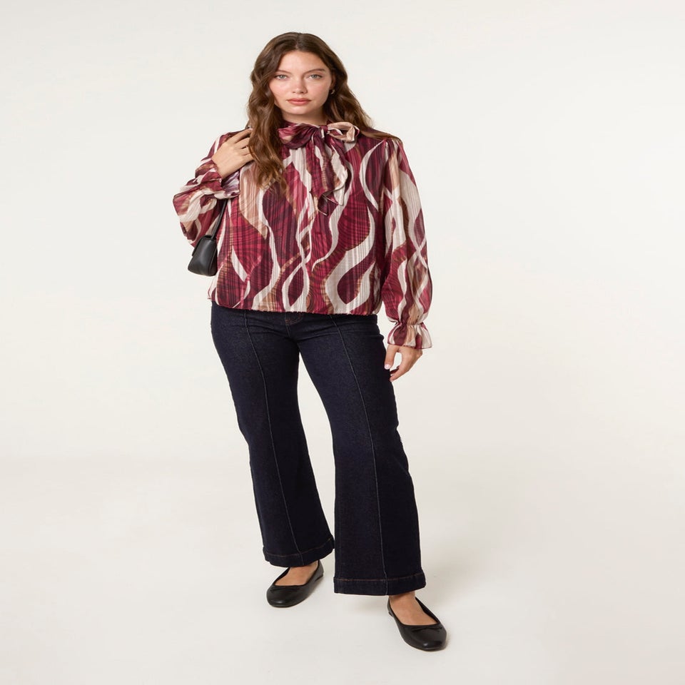 Blue Vanilla Burgundy Geometric Print Pussybow Metallic Top