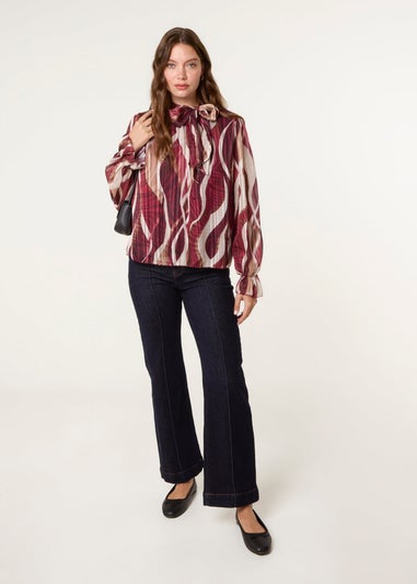 Blue Vanilla Burgundy Geometric Print Pussybow Metallic Top