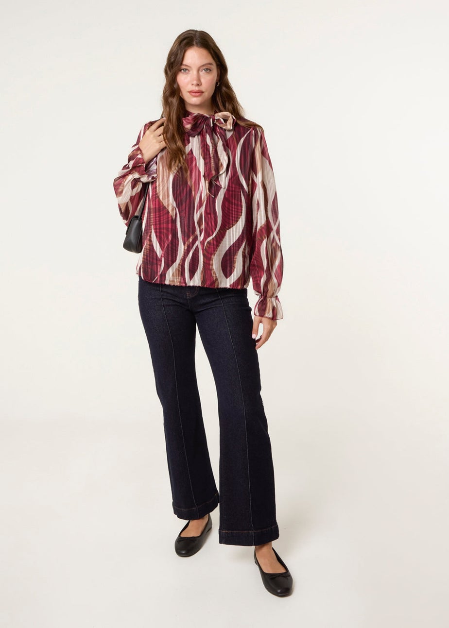 Blue Vanilla Burgundy Geometric Print Pussybow Metallic Top