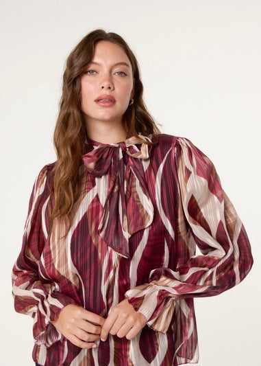 Blue Vanilla Burgundy Geometric Print Pussybow Metallic Top