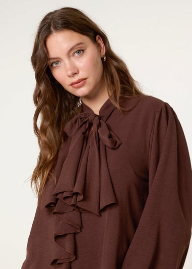 Blue Vanilla Brown Ruffle Pussy Bow Blouse