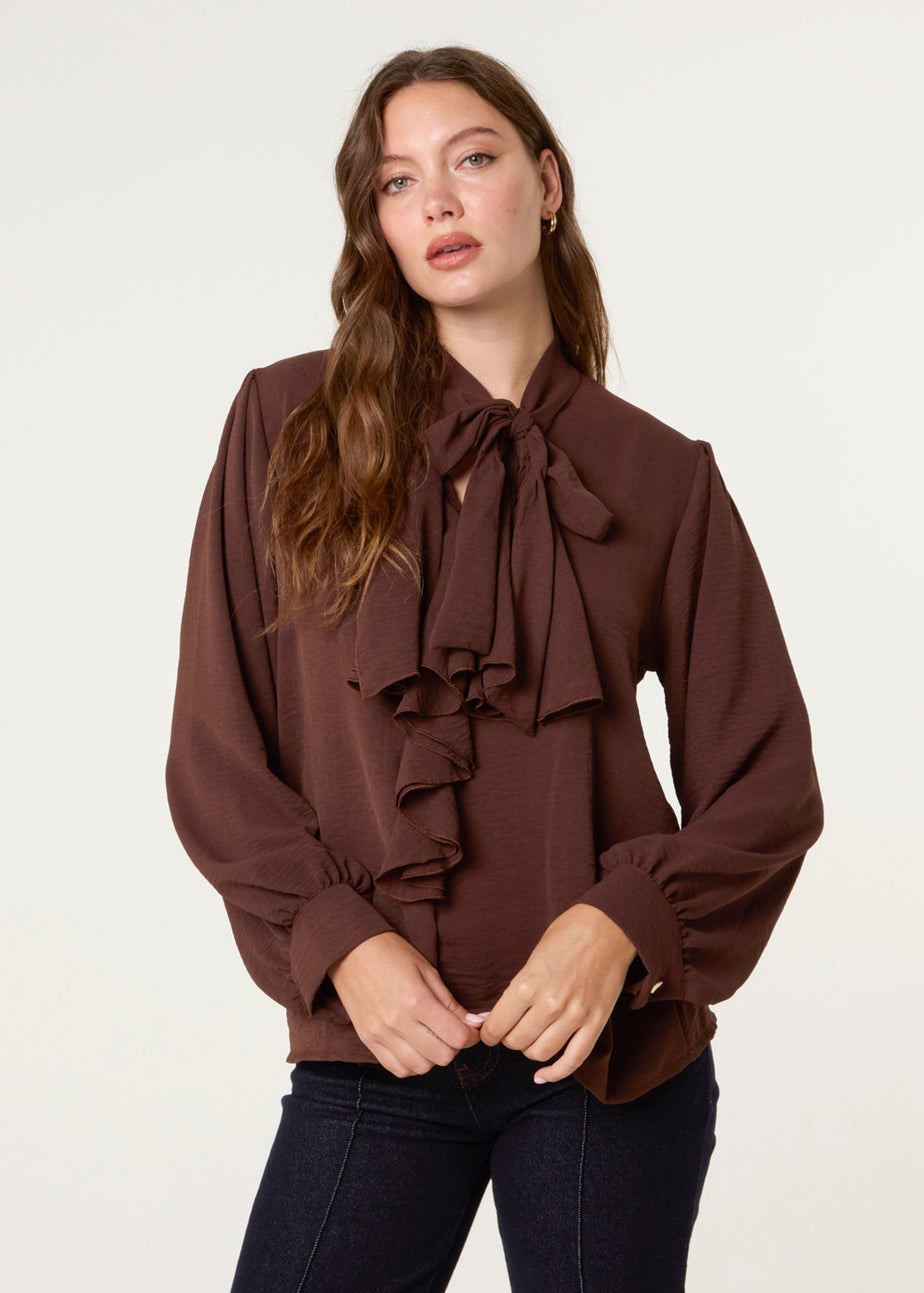 Blue Vanilla Brown Ruffle Pussy Bow Blouse