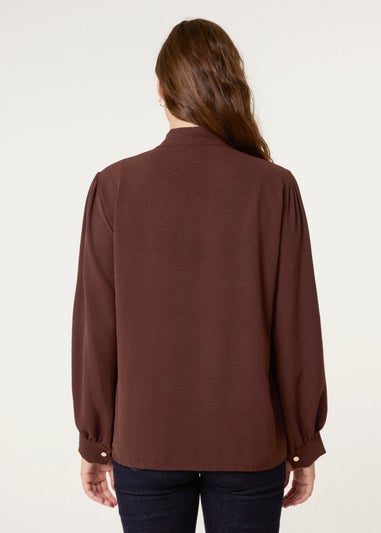 Blue Vanilla Brown Ruffle Pussy Bow Blouse