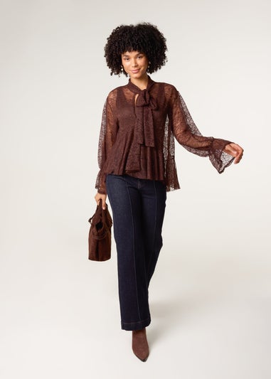 Blue Vanilla Brown Lace Pussybow Blouse