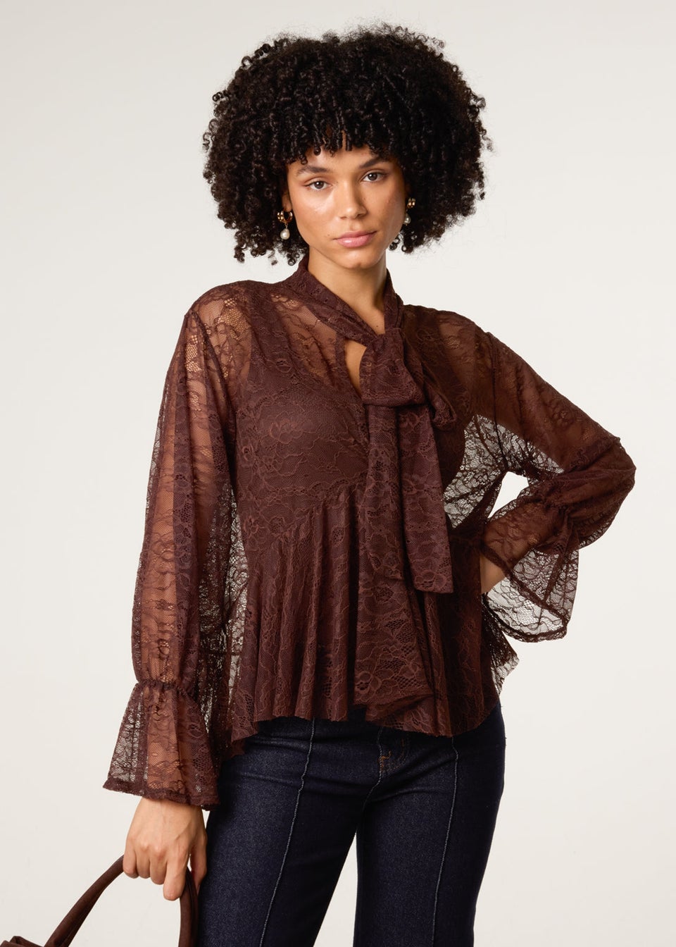 Blue Vanilla Brown Lace Pussybow Blouse