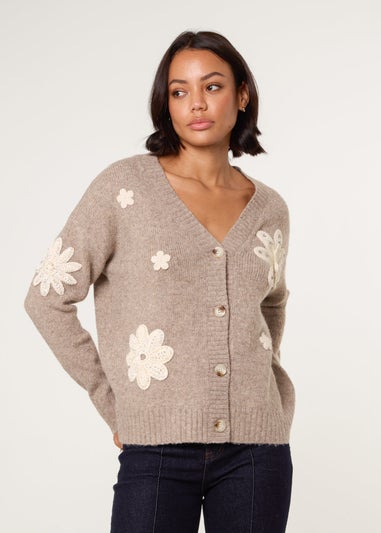 Blue Vanilla Beige Crochet Embellished Floral Cardigan