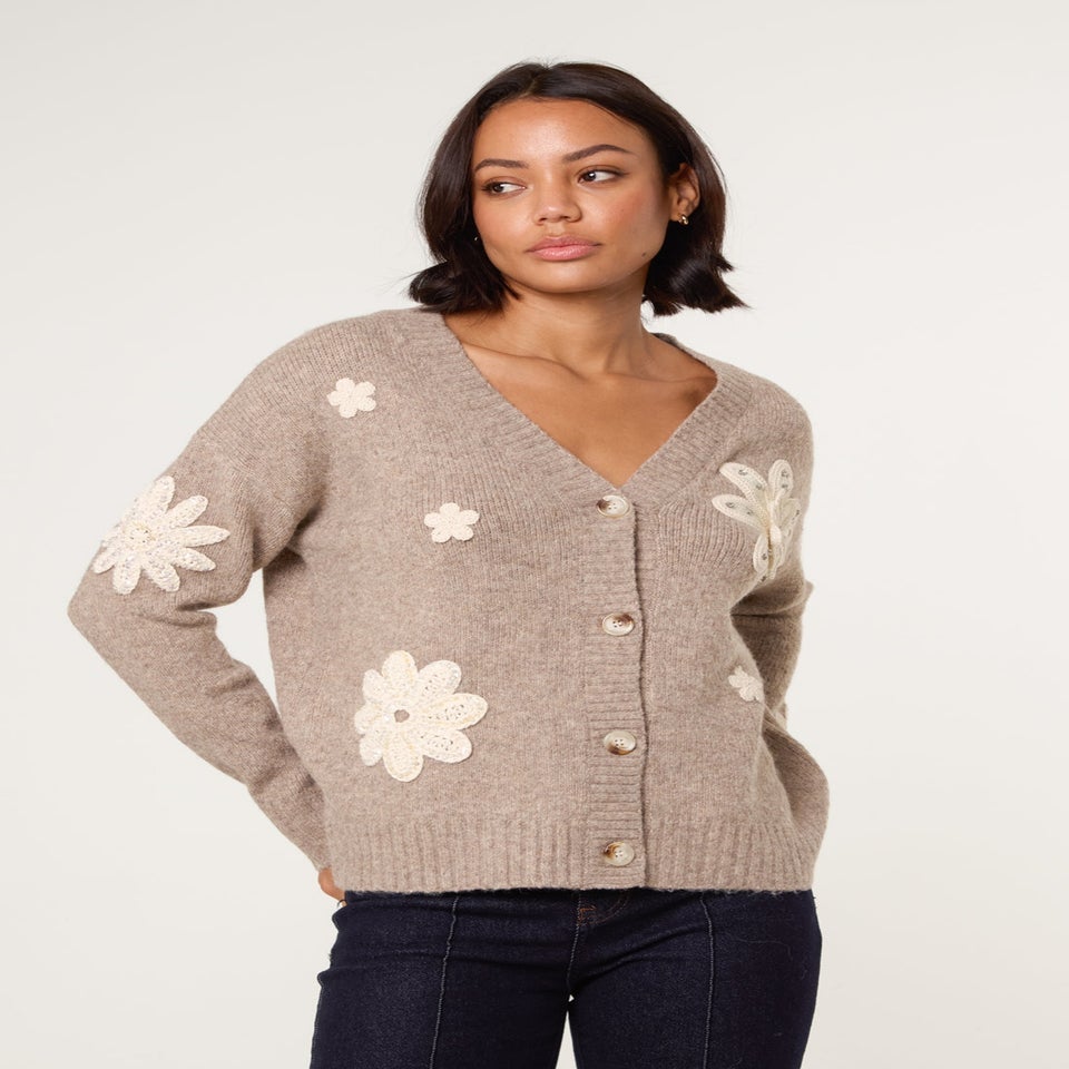 Blue Vanilla Beige Crochet Embellished Floral Cardigan