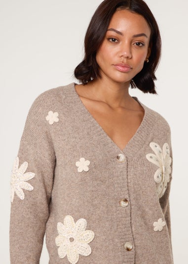 Blue Vanilla Beige Crochet Embellished Floral Cardigan