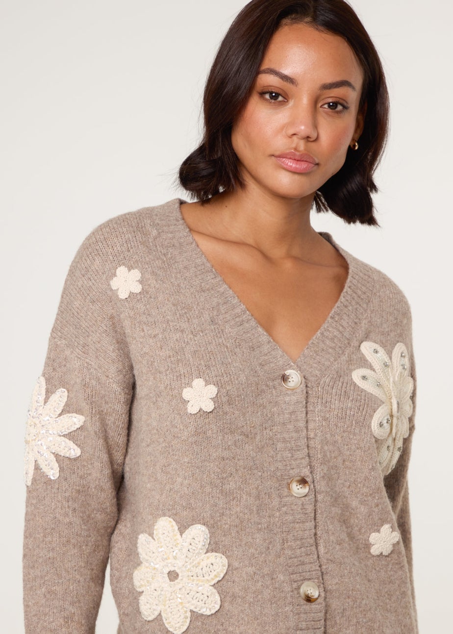 Blue Vanilla Beige Crochet Embellished Floral Cardigan