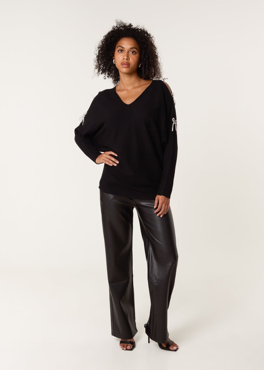Blue Vanilla Black Diamante Bow Cut Out Sleeve Jumper