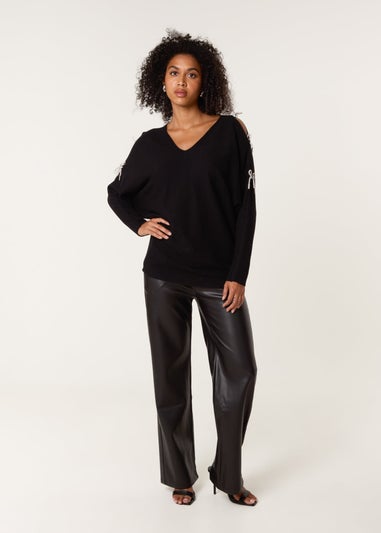 Blue Vanilla Black Diamante Bow Cut Out Sleeve Jumper
