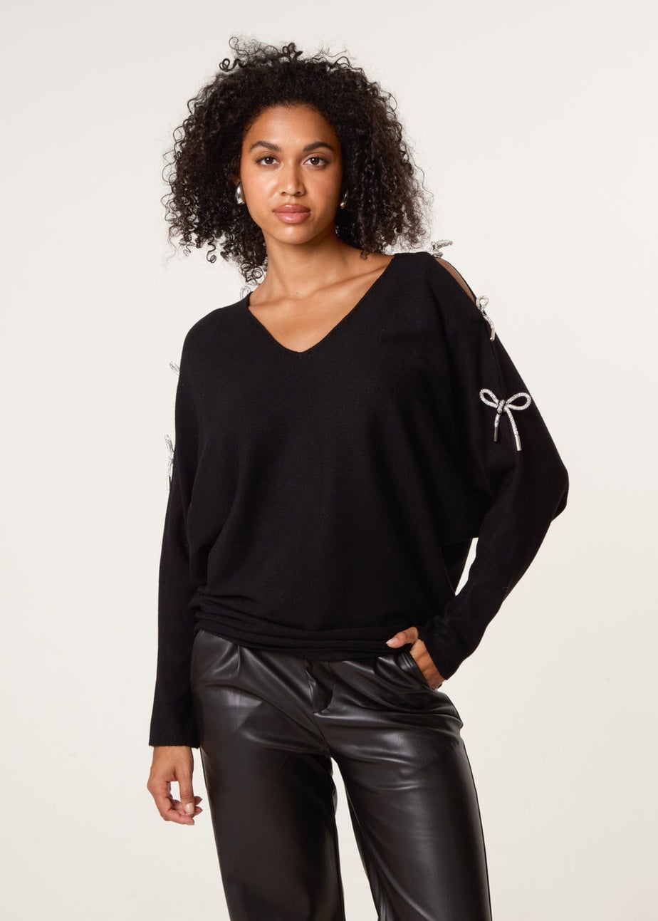 Blue Vanilla Black Diamante Bow Cut Out Sleeve Jumper