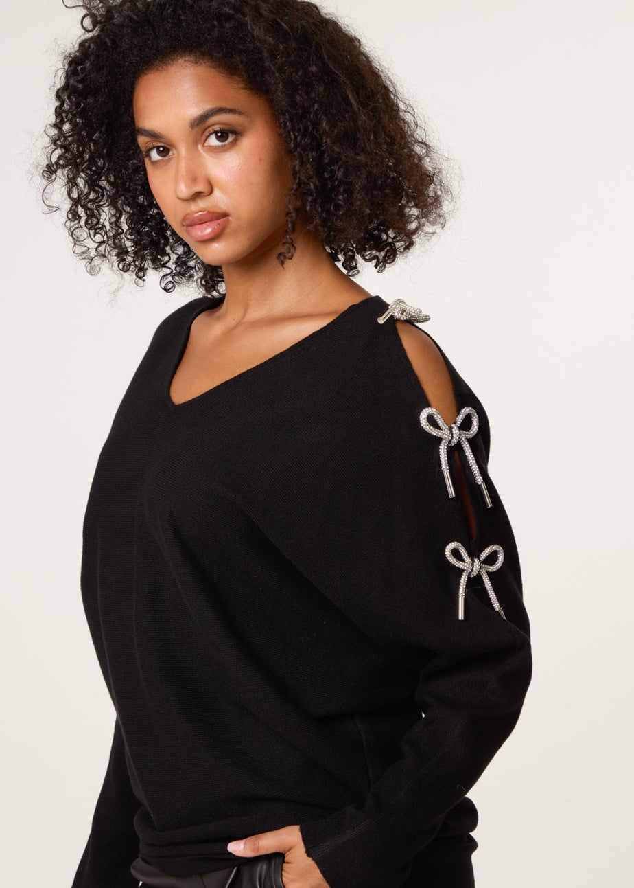 Blue Vanilla Black Diamante Bow Cut Out Sleeve Jumper