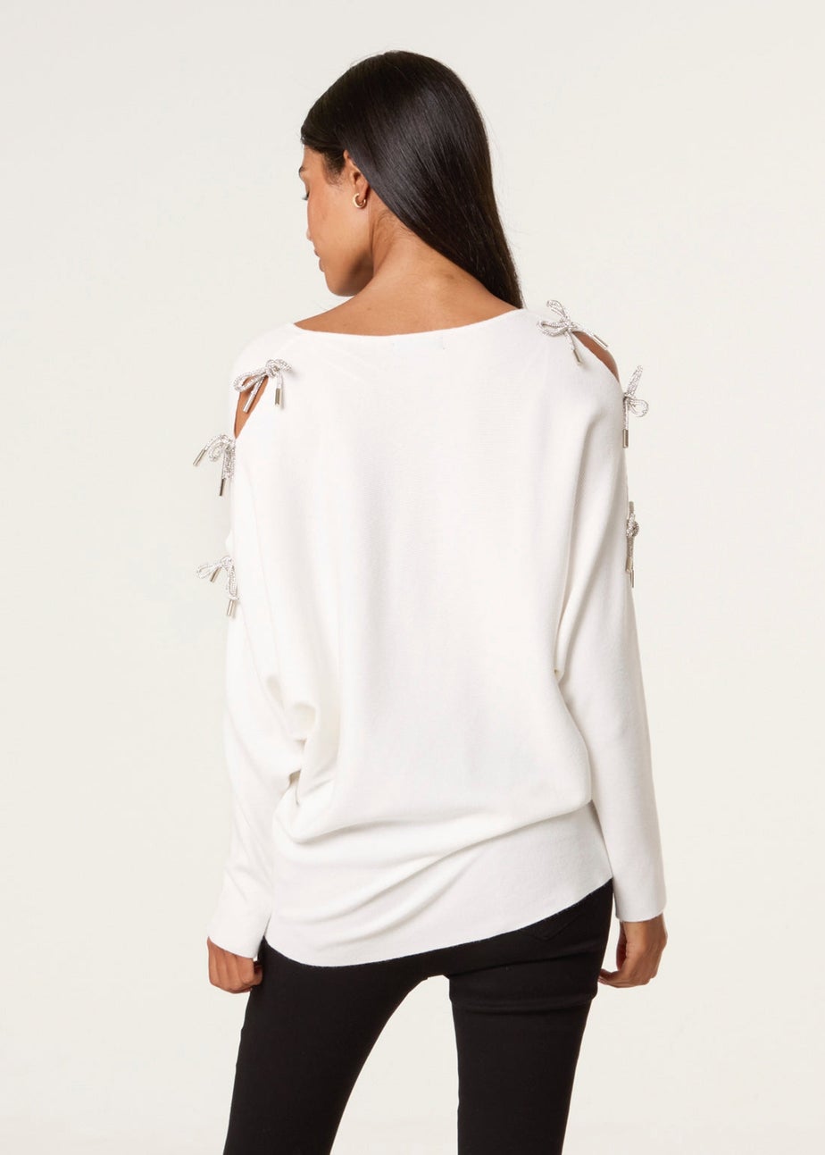Blue Vanilla Ivory Diamante Bow Cut Out Sleeve Jumper