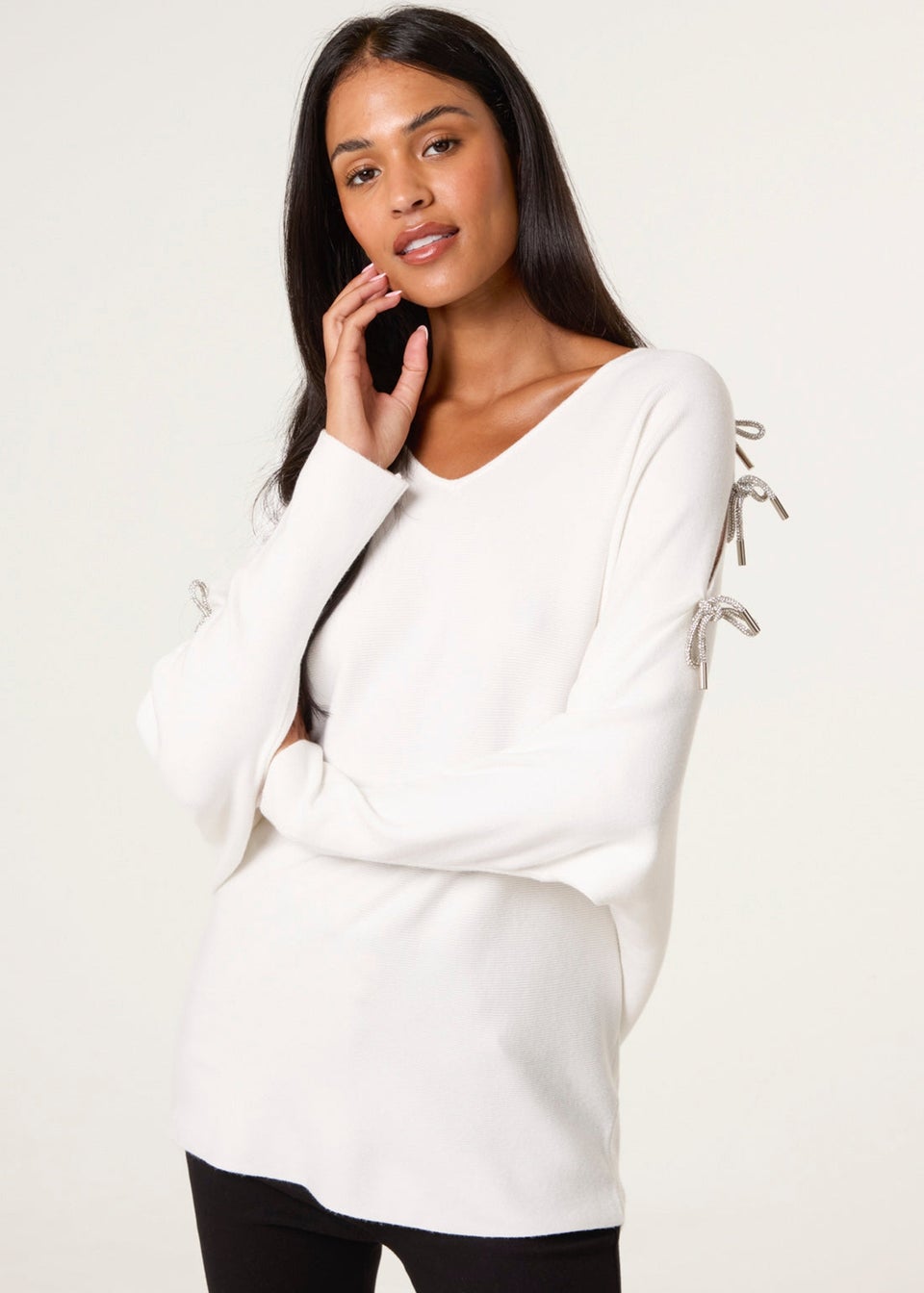 Blue Vanilla Ivory Diamante Bow Cut Out Sleeve Jumper