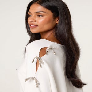 Blue Vanilla Ivory Diamante Bow Cut Out Sleeve Jumper