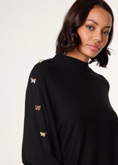 Blue Vanilla Black Butterfly Button Detail Jumper