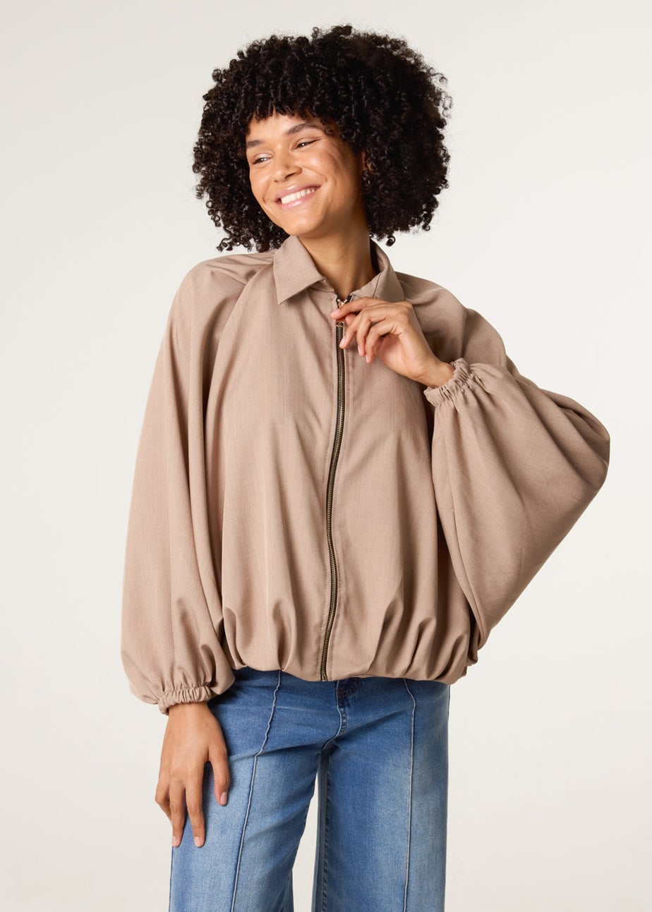 Blue Vanilla Beige Drape Puffball Zipper Jacket