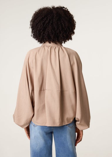 Blue Vanilla Beige Drape Puffball Zipper Jacket