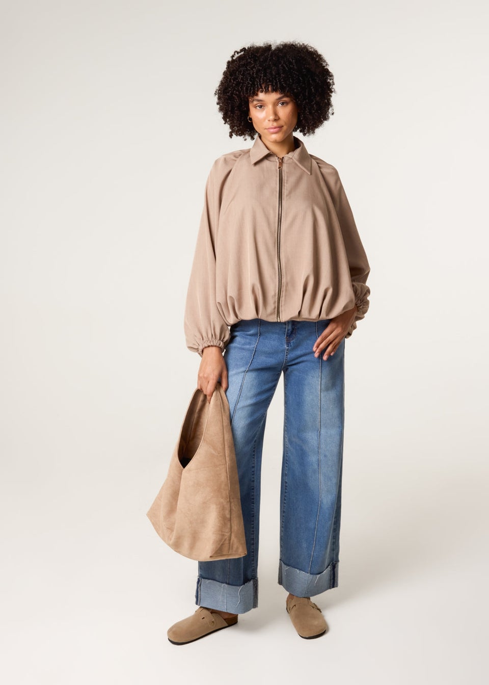 Blue Vanilla Beige Drape Puffball Zipper Jacket