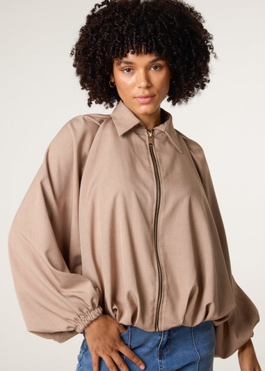 Blue Vanilla Beige Drape Puffball Zipper Jacket