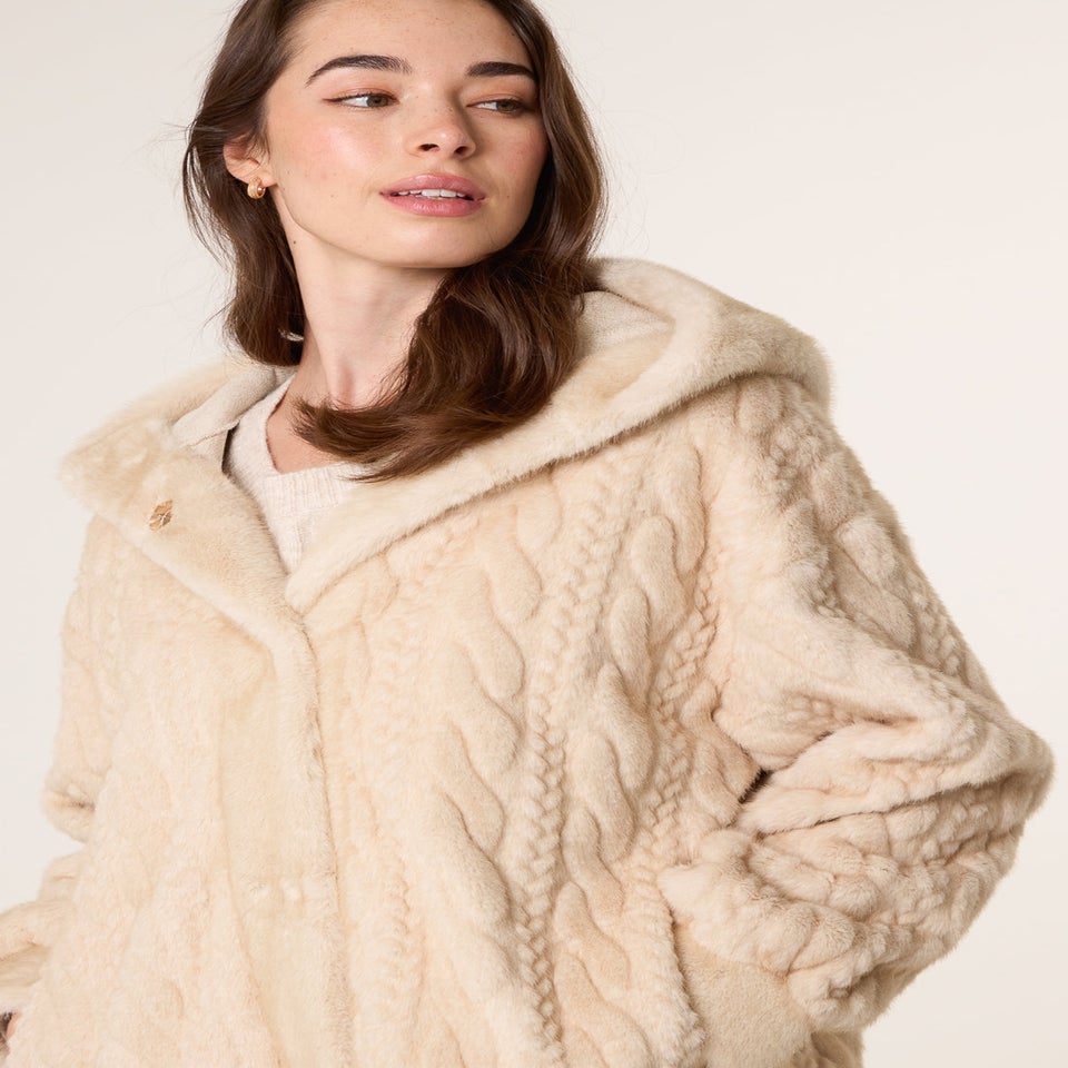 Blue Vanilla Beige Long Faux Fur Cardigan