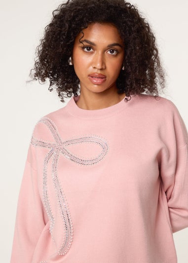 Blue Vanilla Pink Diamante And Pearl Bow Knit Jumper