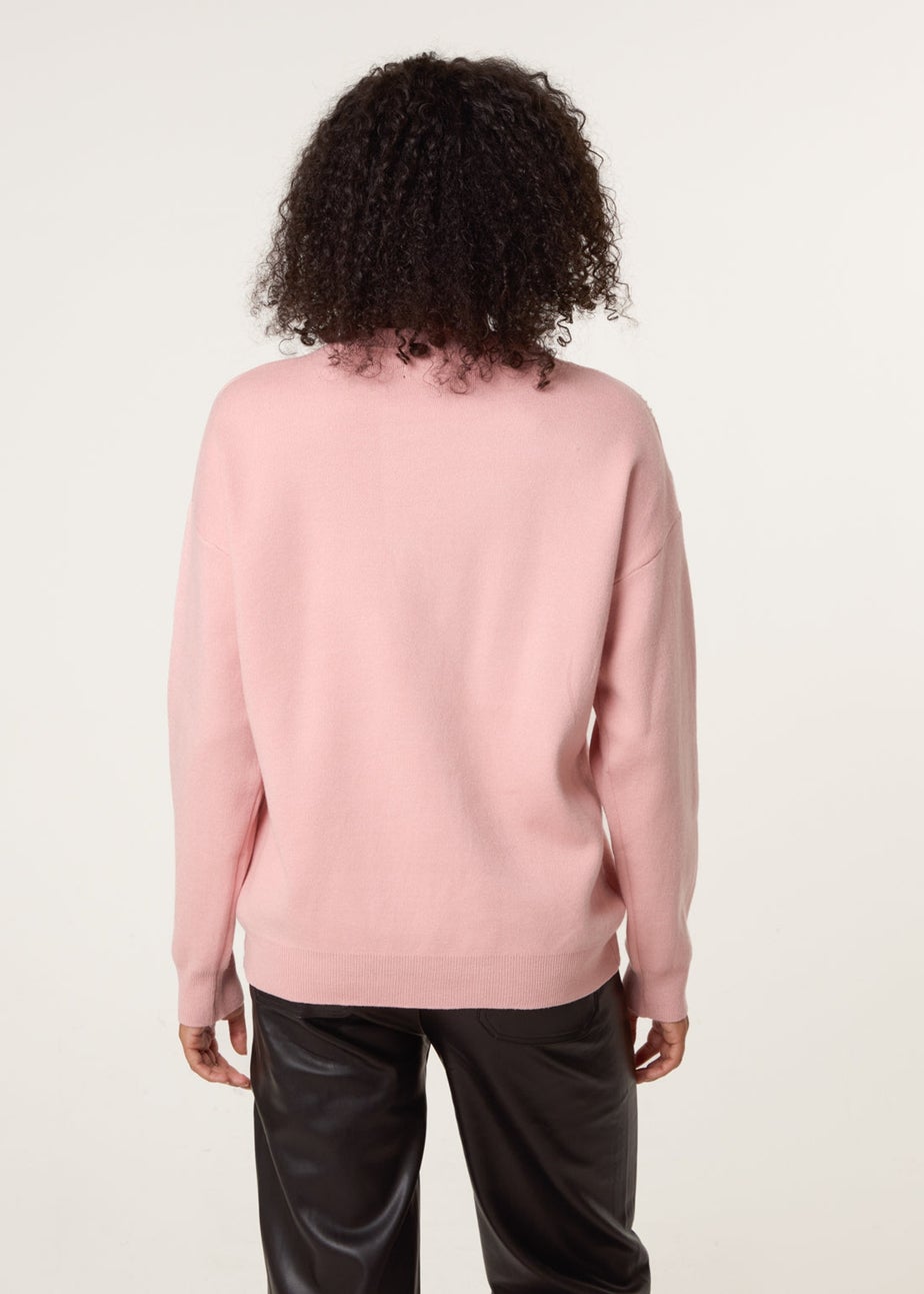 Blue Vanilla Pink Diamante And Pearl Bow Knit Jumper