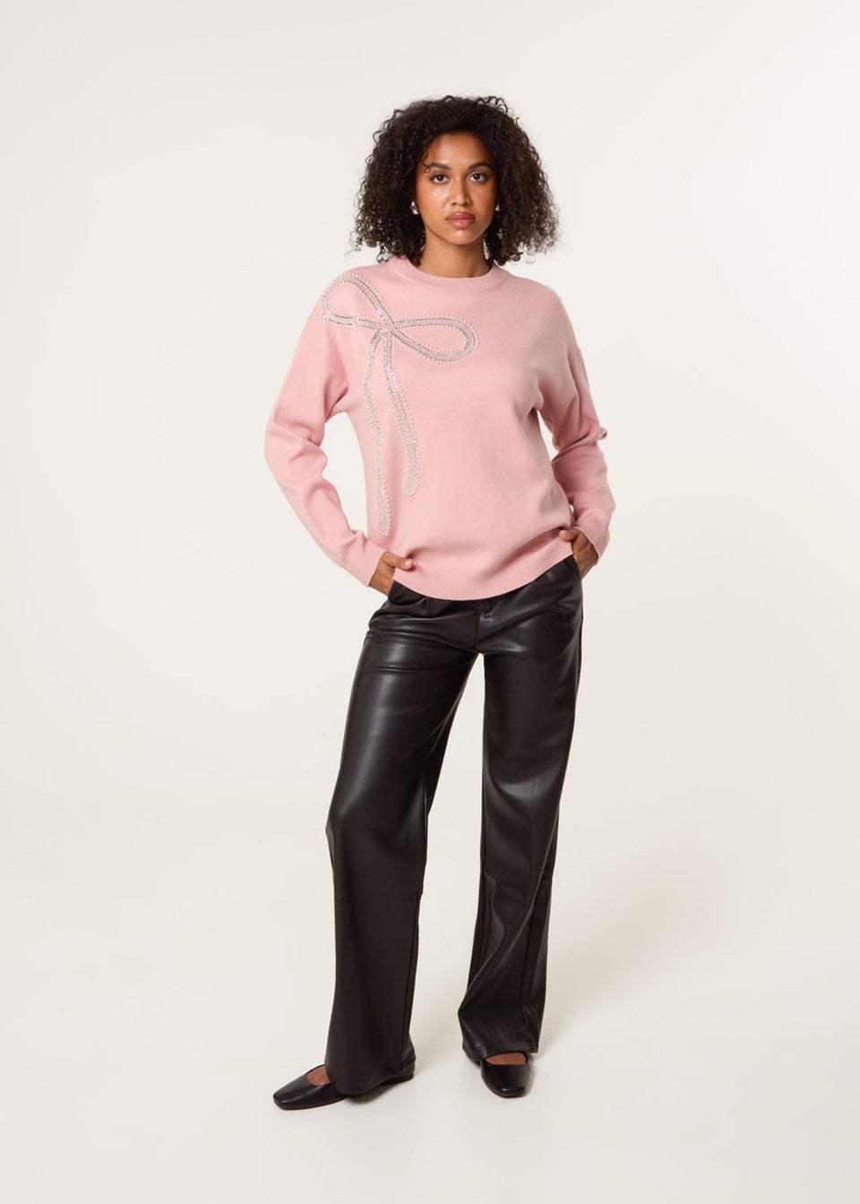 Blue Vanilla Pink Diamante And Pearl Bow Knit Jumper