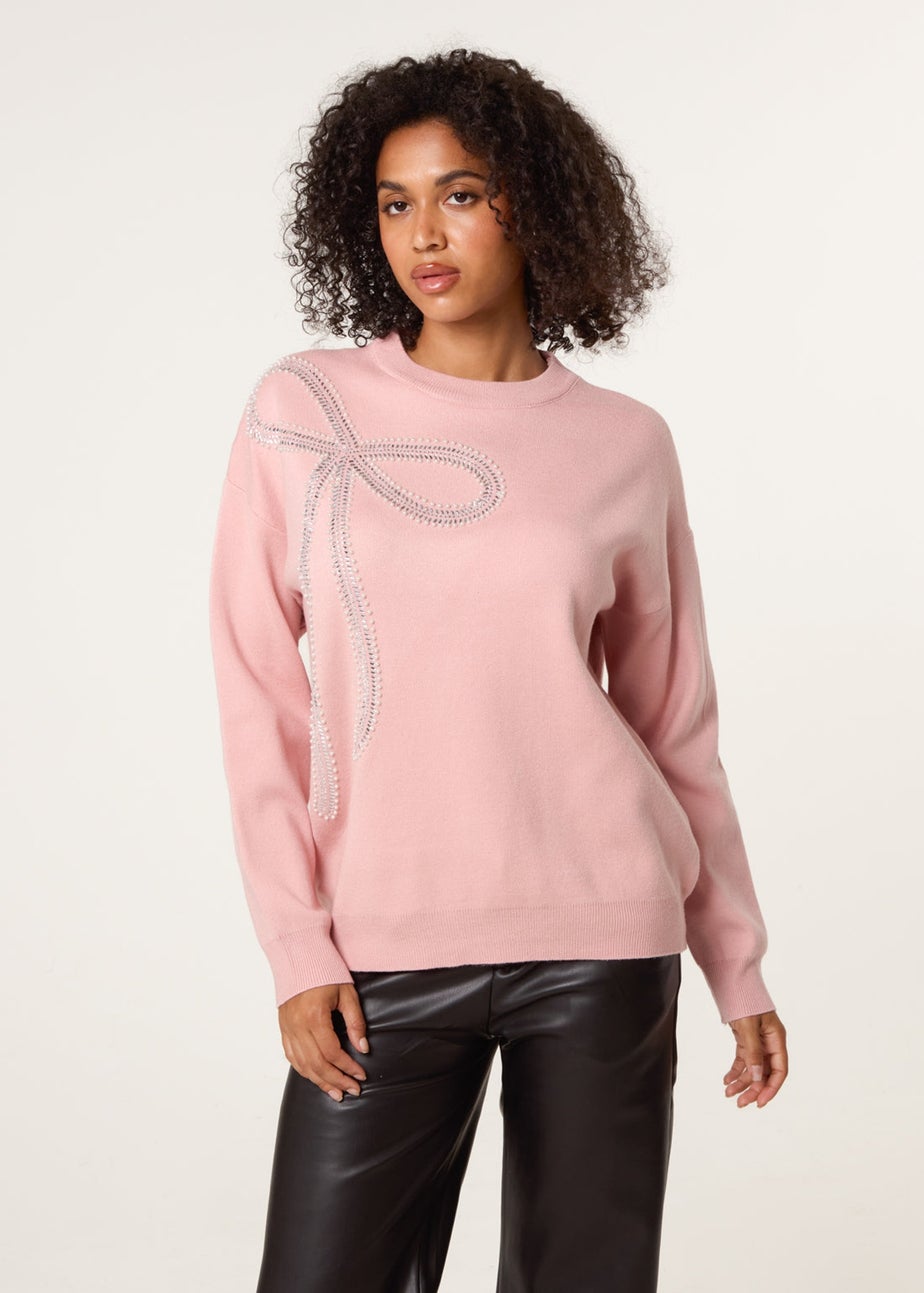 Blue Vanilla Pink Diamante And Pearl Bow Knit Jumper