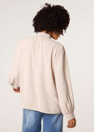 Blue Vanilla Beige Ruffle Pussy Bow Blouse