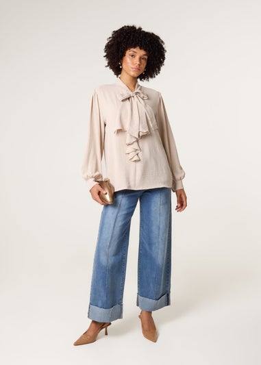 Blue Vanilla Beige Ruffle Pussy Bow Blouse