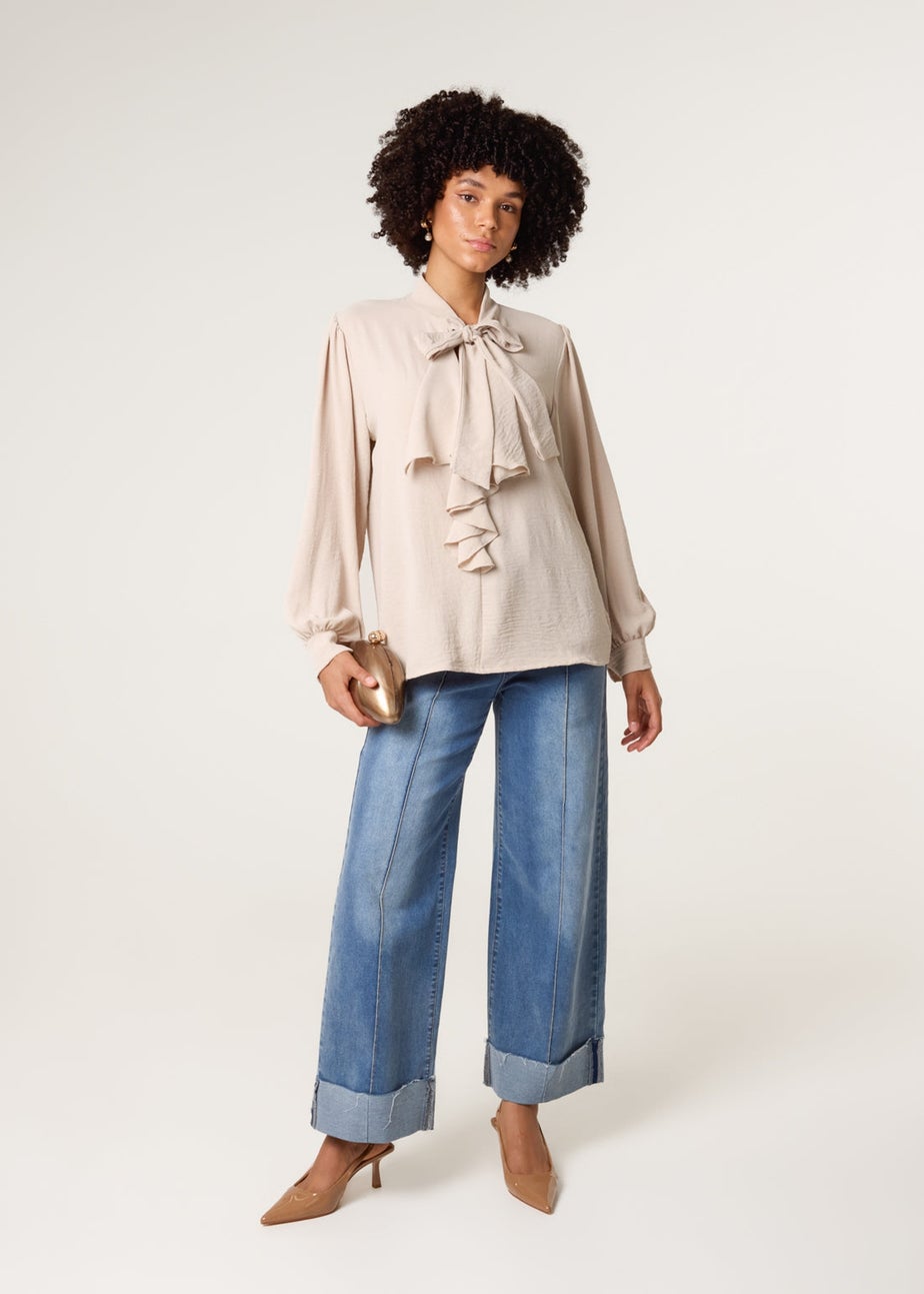 Blue Vanilla Beige Ruffle Pussy Bow Blouse