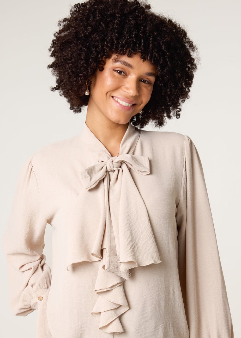 Blue Vanilla Beige Ruffle Pussy Bow Blouse