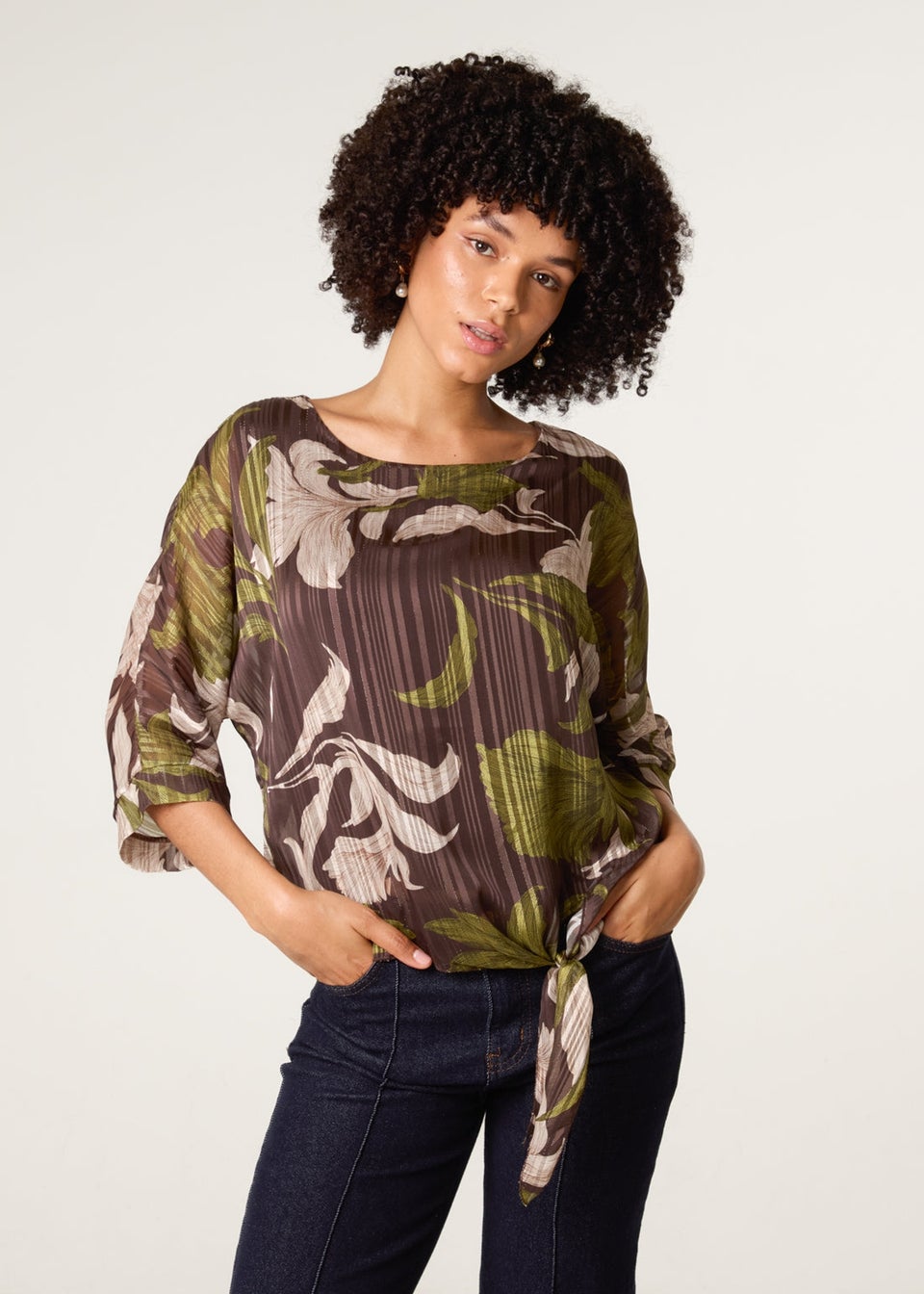 Blue Vanilla Brown Tie Knit Metallic Chiffon Top