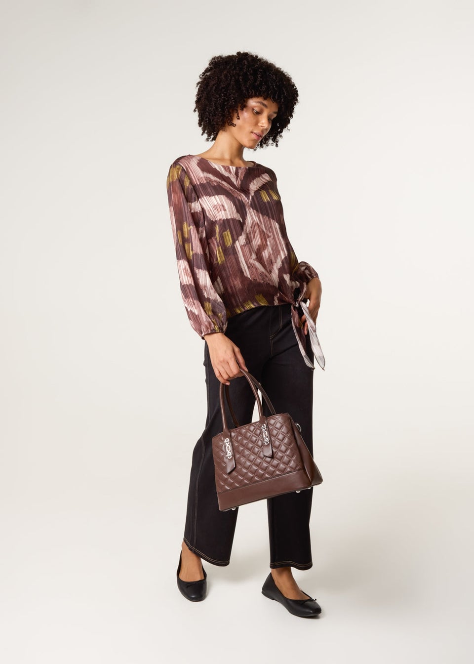 Blue Vanilla Brown Tie Knot Metallic Chiffon Blouse