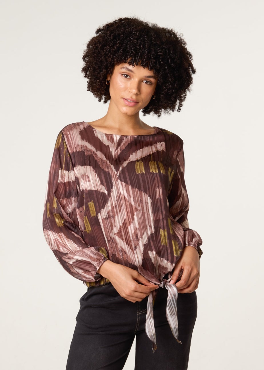 Blue Vanilla Brown Tie Knot Metallic Chiffon Blouse