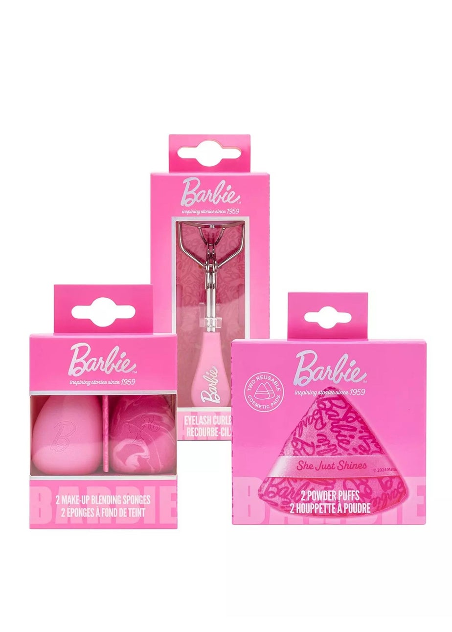 Barbie Makeup Tool Bundle Pink Eyelash Curlers Beauty Blender & Powder Puff