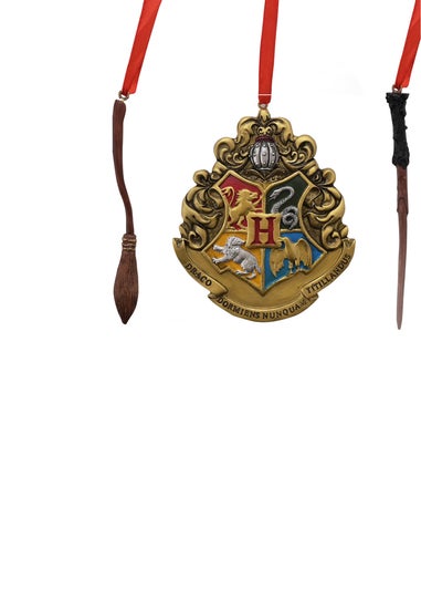 Harry Potter Warner Bros Set of 3 Multi-Coloured Tree Decorations Wand Crest & Broom