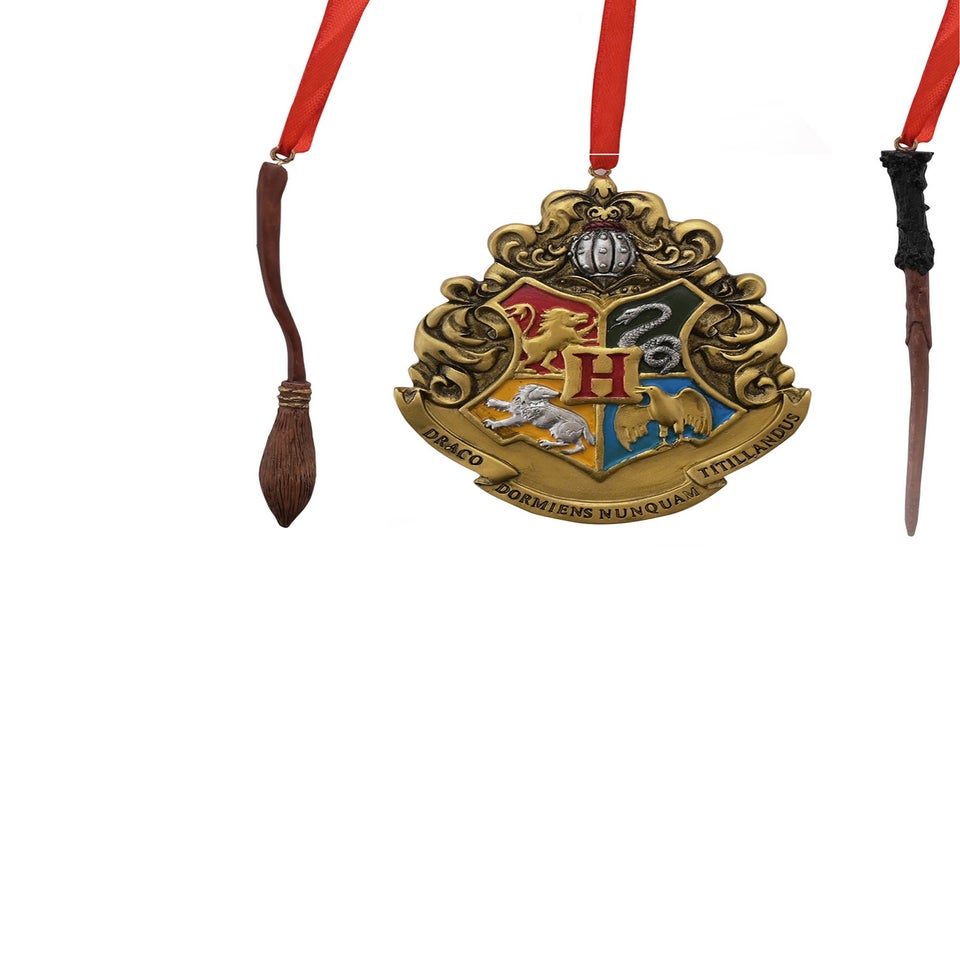 Harry Potter Warner Bros Set of 3 Multi-Coloured Tree Decorations Wand Crest & Broom